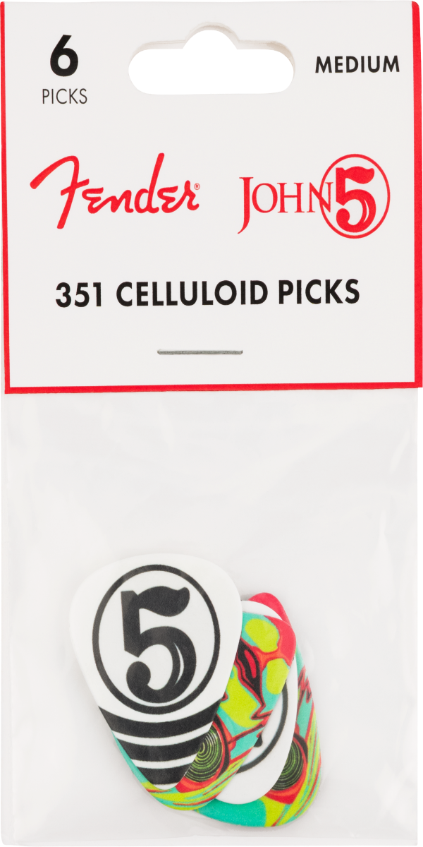 Genuine Fender John 5 Celluloid Guitar Picks, 351 Shape, Medium (6 Picks)