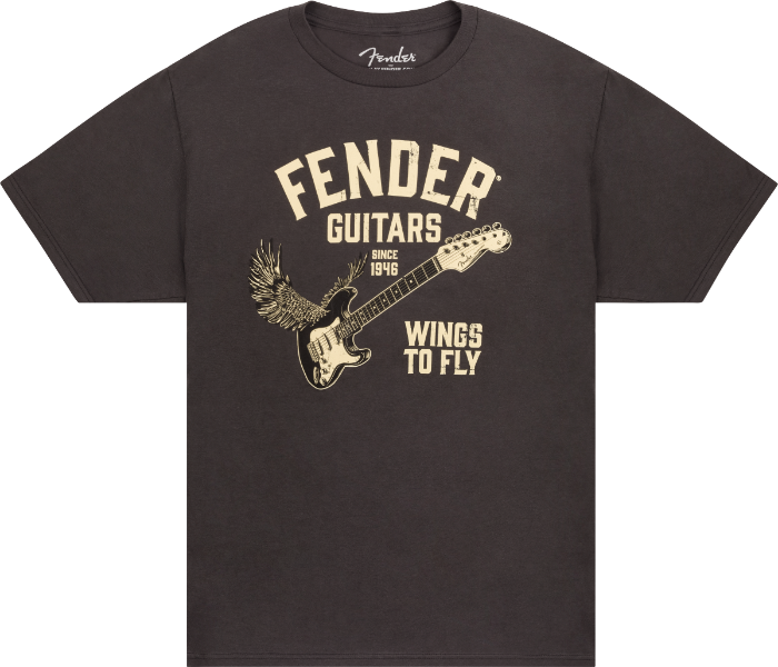 Fender Guitars Wings To Fly Tee T-Shirt, Vintage Black, M, Medium