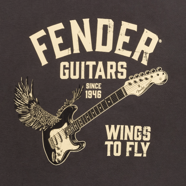 Fender Guitars Wings To Fly Tee T-Shirt, Vintage Black, M, Medium