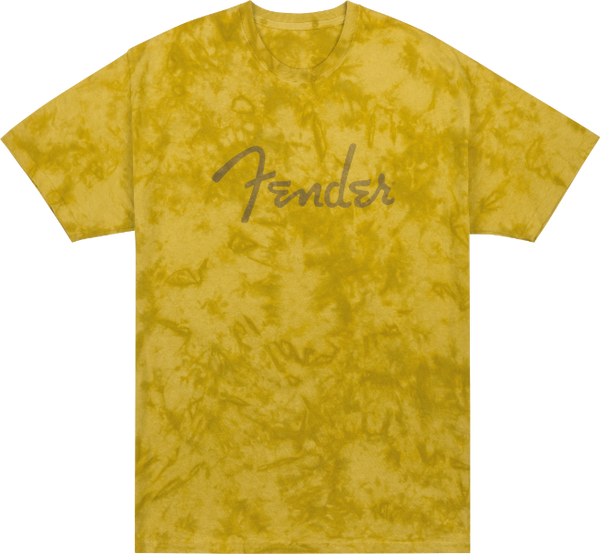 Fender Guitars Spaghetti Logo Tie-Dye Tee T-Shirt, Mustard Yellow, L, LARGE