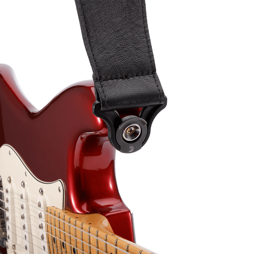 D'Addario 2.5" Wide Auto-Lock Comfort Leather Guitar Strap, Black, 25BAL00