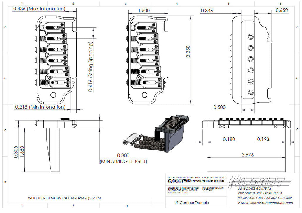 Hipshot 42100VC 2-Point Countour CHROME Tremolo Kit for Fender USA Stratocaster