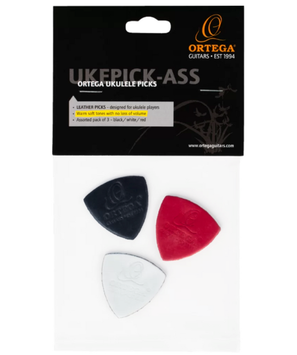 Ortega Real Leather Ukulele/Uke Picks, Assorted Pack of 3, Black/White/Red
