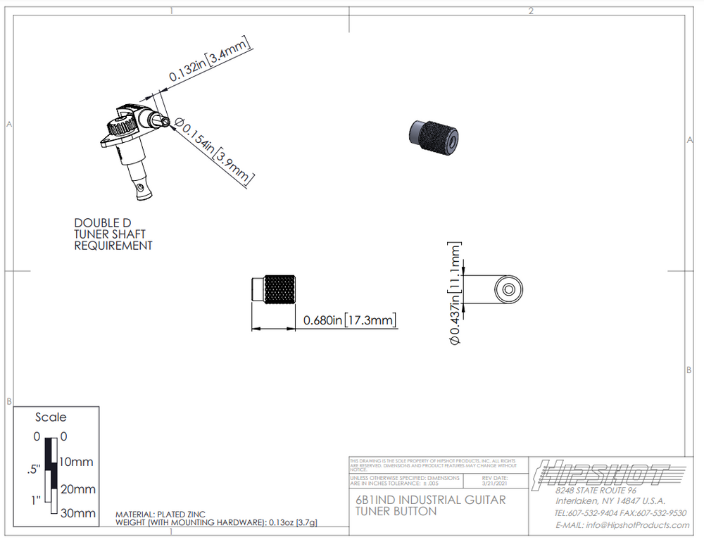 Set of (6) Hipshot SK1 Black Knurled Guitar Tuner Buttons, 6B1IND-B