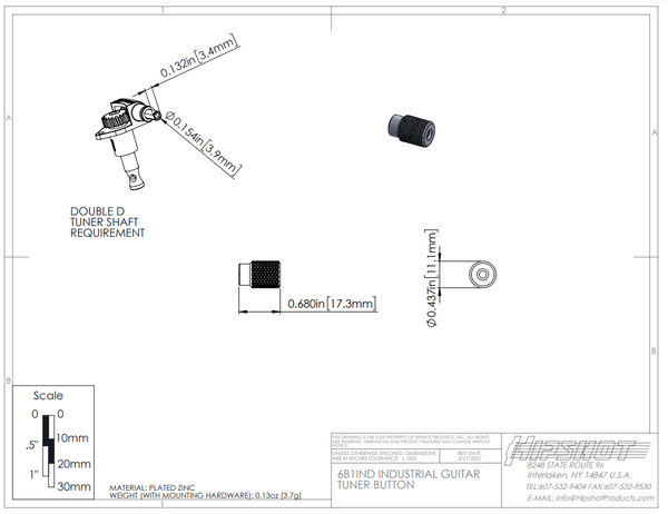 Set of (6) Hipshot SK1 Black Knurled Guitar Tuner Buttons, 6B1IND-B