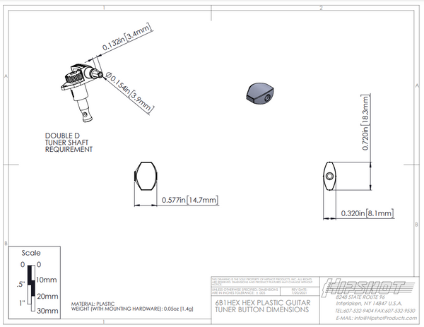 Set of (6) Hipshot D07 HEX Plastic Guitar Tuner Buttons w/ Screws, Pearl, 6B1HEX-P
