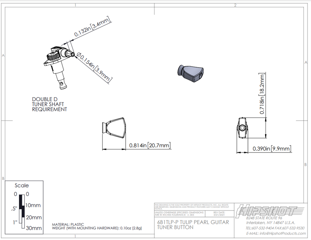 Set of (6) Hipshot D04 Tulip Plastic Guitar Tuner Buttons, Pearl 6B1TLP-P