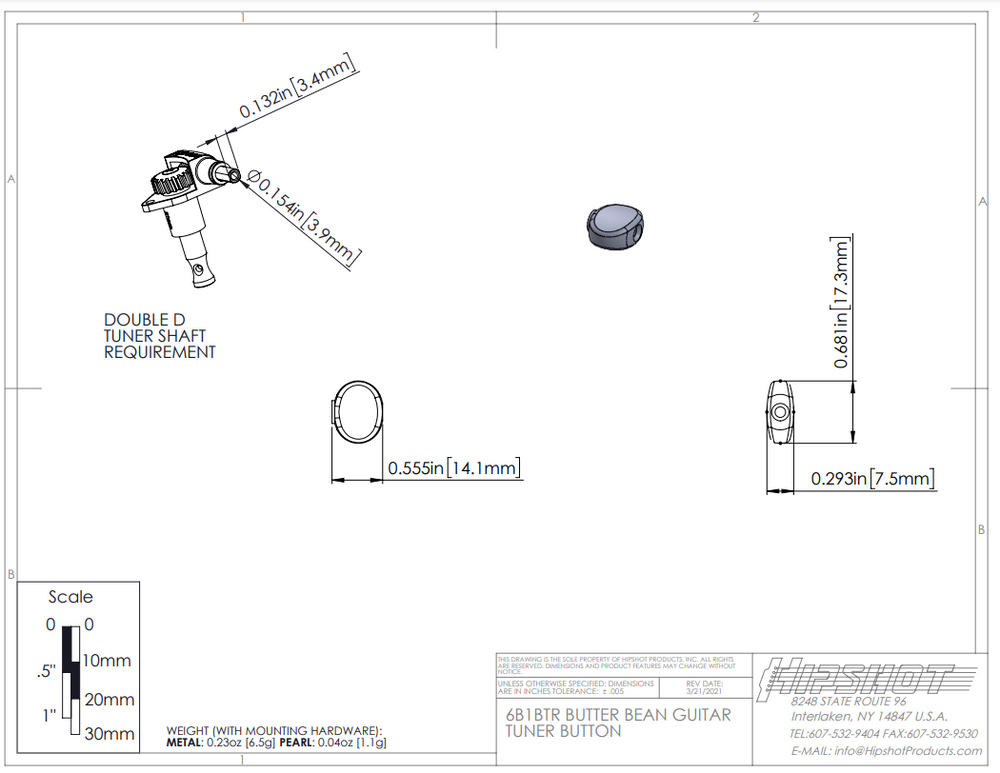 Set of (6) Hipshot D05 Butter Bean Plastic Guitar Tuner Buttons, Pearl 6B1BTR-P