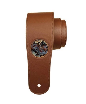 Thalia Brown Leather Guitar Strap with Lucky Dragon Inlay