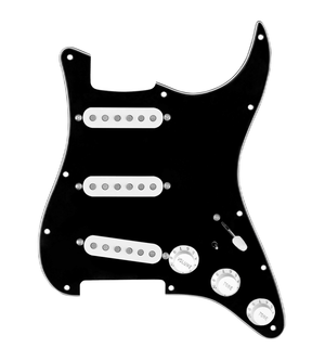 920D Custom "DG"  Loaded Pickguard With White Pickups and Knobs, Black Pickguard, and S7W-MT Wiring Harness For Stratocasters
