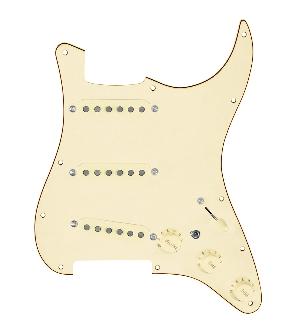 920D Custom Generation  Loaded Pickguard For Strat With Aged White Pickups and Knobs, Aged White Pickguard For Strat, and S7W-MT Wiring Harness