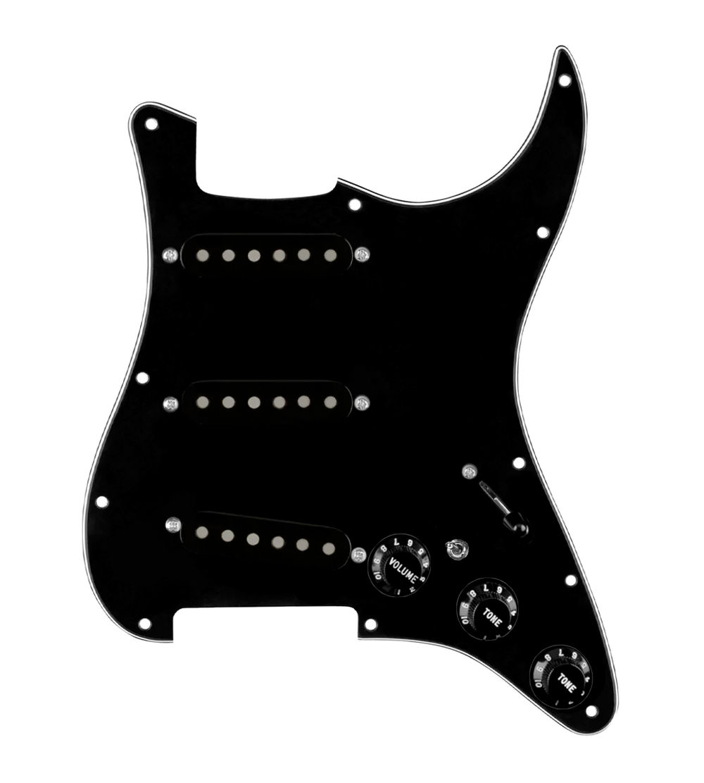 920D Custom Generation  Loaded Pickguard For Strat With Black Pickups and Knobs, Black Pickguard For Strat, and S7W-MT Wiring Harness