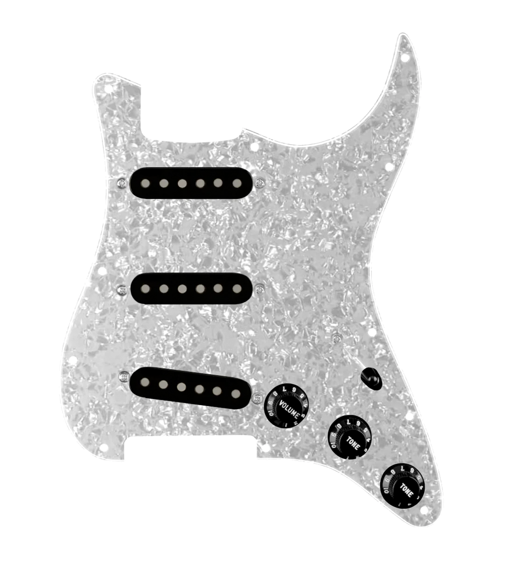920D Custom Generation  Loaded Pickguard For Strat With Black Pickups and Knobs, White Pearl Pickguard For Strat, and S5W-BL-V Wiring Harness