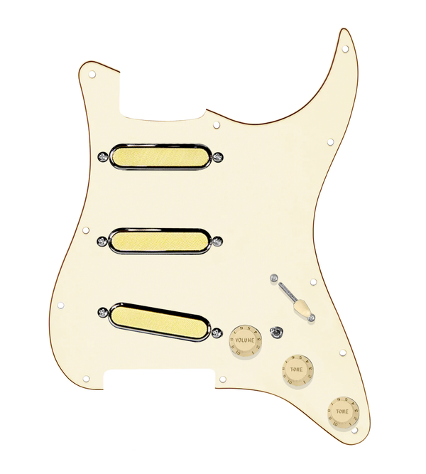 920D Custom Gold Foil Loaded Pickguard For Strat With Aged White Pickups and Knobs, Aged White Pickguard For Strat, and S7W-MT Wiring Harness