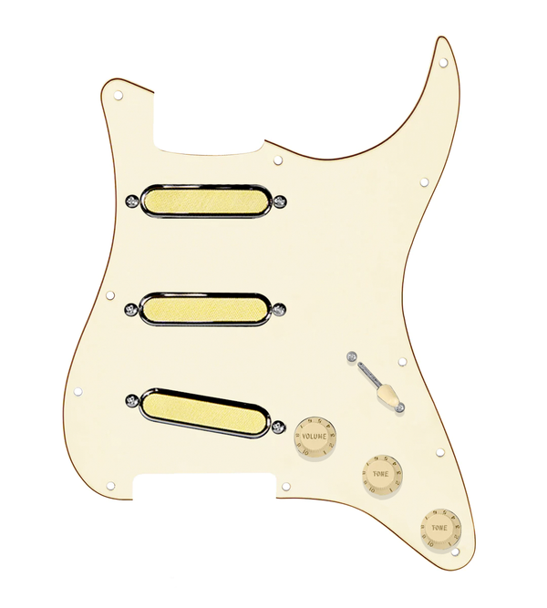 920D Custom Gold Foil Loaded Pickguard For Strat With Aged White Pickups and Knobs, Aged White Pickguard For Strat, and S7W Wiring Harness