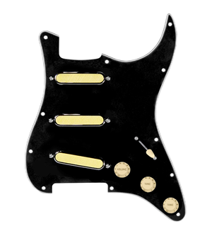 920D Custom Gold Foil Loaded Pickguard For Strat With Aged White Pickups and Knobs, Black Pickguard For Strat, and S5W-BL-V Wiring Harness