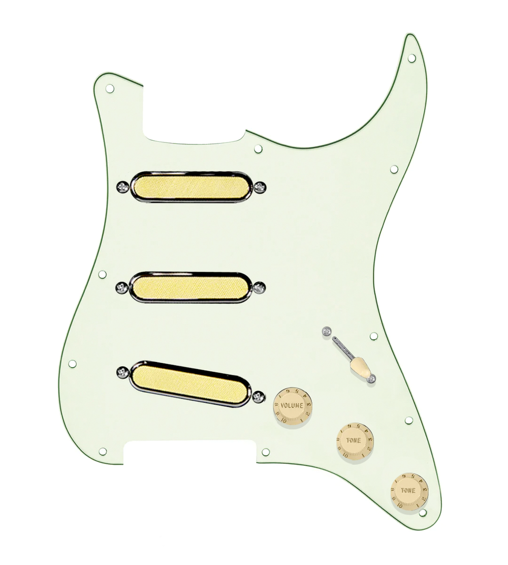 920D Custom Gold Foil Loaded Pickguard For Strat With Aged White Pickups and Knobs, Mint Green Pickguard For Strat, and S5W Wiring Harness