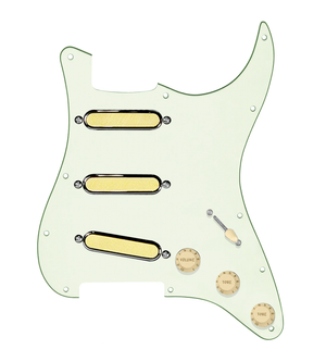 920D Custom Gold Foil Loaded Pickguard For Strat With Aged White Pickups and Knobs, Mint Green Pickguard For Strat, and S5W Wiring Harness