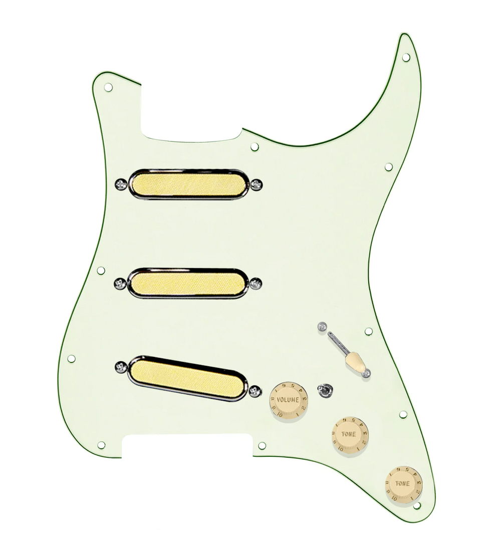 920D Custom Gold Foil Loaded Pickguard For Strat With Aged White Pickups and Knobs, Mint Green Pickguard For Strat, and S7W-MT Wiring Harness