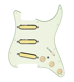 920D Custom Gold Foil Loaded Pickguard For Strat With Aged White Pickups and Knobs, Mint Green Pickguard For Strat, and S7W-MT Wiring Harness