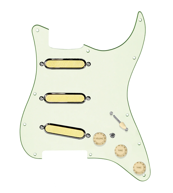 920D Custom Gold Foil Loaded Pickguard For Strat With Aged White Pickups and Knobs, Mint Green Pickguard For Strat, and S7W-MT Wiring Harness