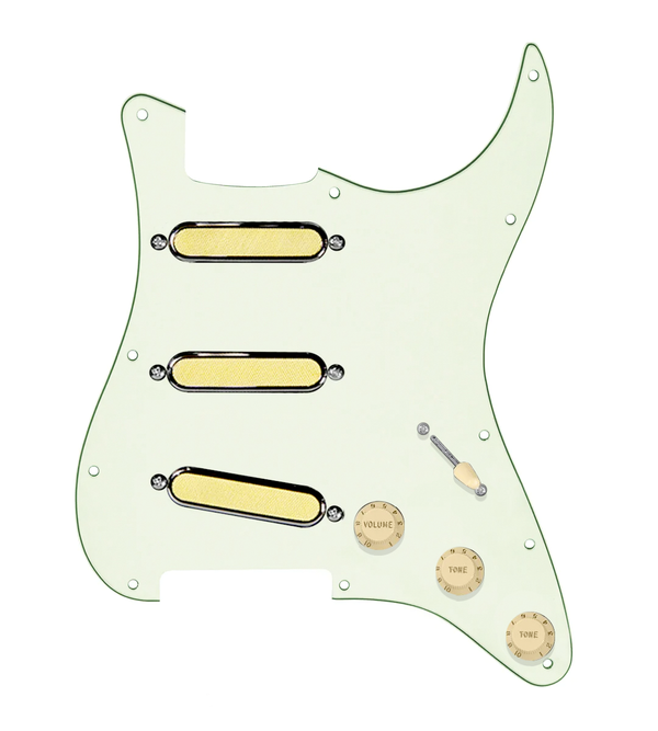 920D Custom Gold Foil Loaded Pickguard For Strat With Aged White Pickups and Knobs, Mint Green Pickguard For Strat, and S7W Wiring Harness