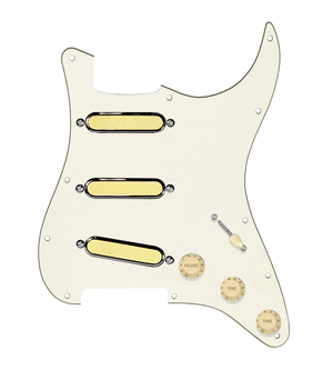 920D Custom Gold Foil Loaded Pickguard For Strat With Aged White Pickups and Knobs, Parchment Pickguard For Strat, and S5W-BL-V Wiring Harness