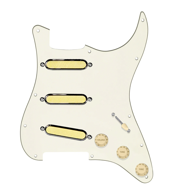 920D Custom Gold Foil Loaded Pickguard For Strat With Aged White Pickups and Knobs, Parchment Pickguard For Strat, and S5W Wiring Harness