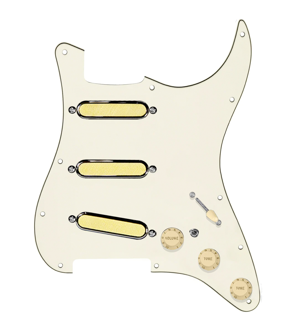 920D Custom Gold Foil Loaded Pickguard For Strat With Aged White Pickups and Knobs, Parchment Pickguard For Strat, and S7W-MT Wiring Harness
