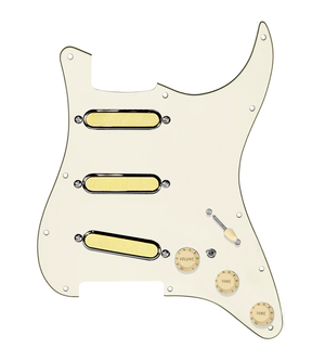 920D Custom Gold Foil Loaded Pickguard For Strat With Aged White Pickups and Knobs, Parchment Pickguard For Strat, and S7W-MT Wiring Harness