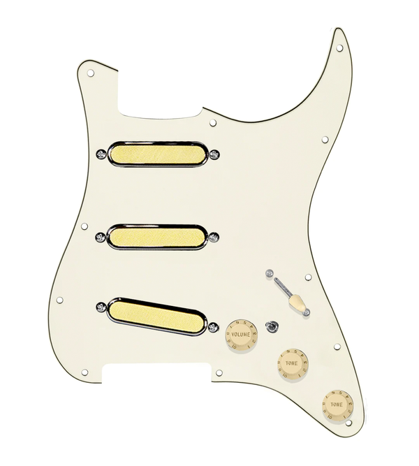 920D Custom Gold Foil Loaded Pickguard For Strat With Aged White Pickups and Knobs, Parchment Pickguard For Strat, and S7W-MT Wiring Harness
