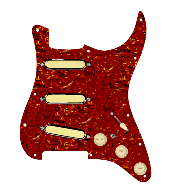 920D Custom Gold Foil Loaded Pickguard For Strat With Aged White Pickups and Knobs, Tortoise Pickguard For Strat, and S7W-MT Wiring Harness