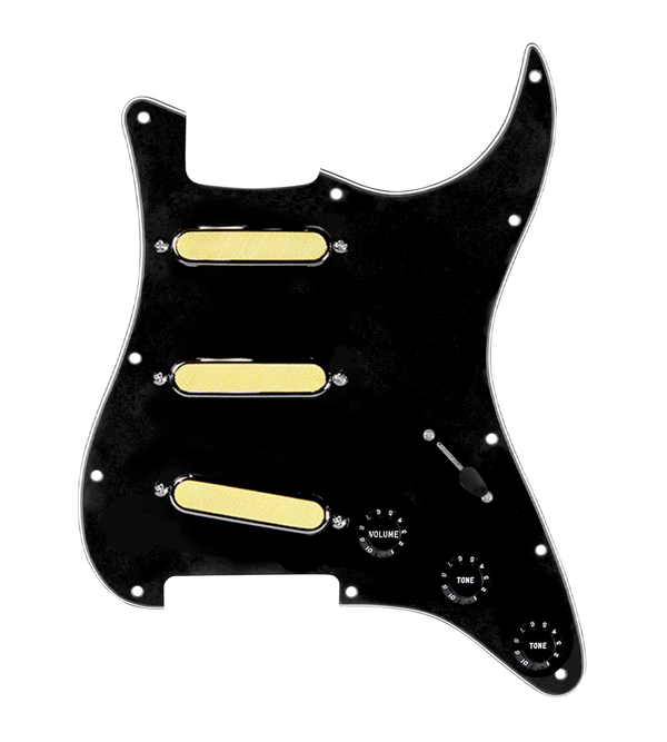 920D Custom Gold Foil Loaded Pickguard For Strat With Black Pickups and Knobs, Black Pickguard For Strat, and S5W Wiring Harness