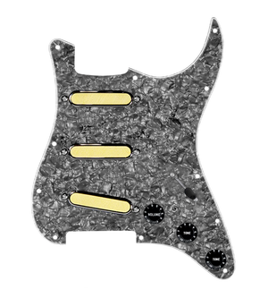 920D Custom Gold Foil Loaded Pickguard For Strat With Black Pickups and Knobs, Black Pearl Pickguard For Strat, and S7W-MT Wiring Harness