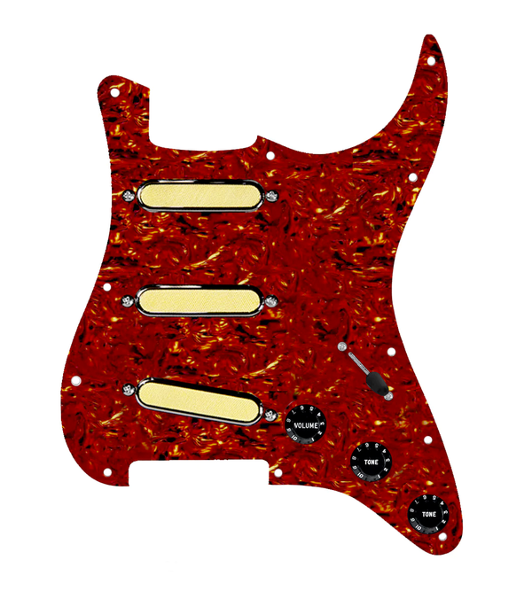 920D Custom Gold Foil Loaded Pickguard For Strat With Black Pickups and Knobs, Tortoise Pickguard For Strat, and S5W Wiring Harness
