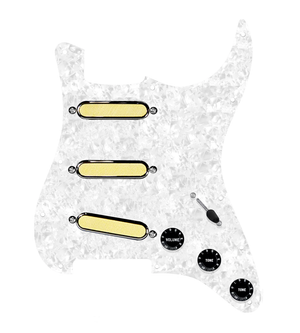 920D Custom Gold Foil Loaded Pickguard For Strat With Black Pickups and Knobs, White Pearl Pickguard For Strat, and S5W-BL-V Wiring Harness
