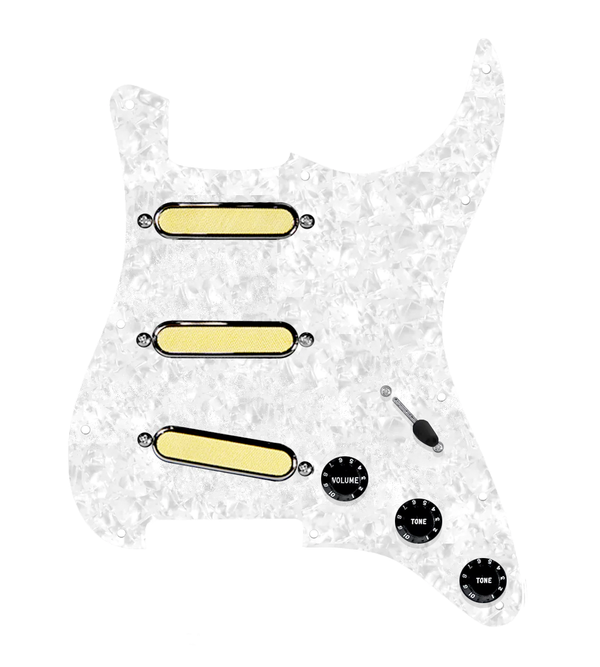 920D Custom Gold Foil Loaded Pickguard For Strat With Black Pickups and Knobs, White Pearl Pickguard For Strat, and S5W Wiring Harness