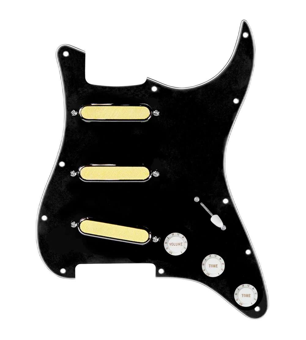 920D Custom Gold Foil Loaded Pickguard For Strat With White Pickups and Knobs, Black Pickguard For Strat, and S5W-BL-V Wiring Harness