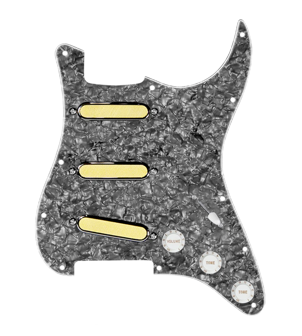 920D Custom Gold Foil Loaded Pickguard For Strat With White Pickups and Knobs, Black Pearl Pickguard For Strat, and S5W Wiring Harness