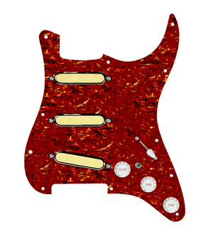 920D Custom Gold Foil Loaded Pickguard For Strat With White Pickups and Knobs, Tortoise Pickguard For Strat, and S7W-MT Wiring Harness
