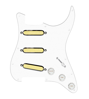 920D Custom Gold Foil Loaded Pickguard For Strat With White Pickups and Knobs, White Pickguard For Strat, and S5W Wiring Harness
