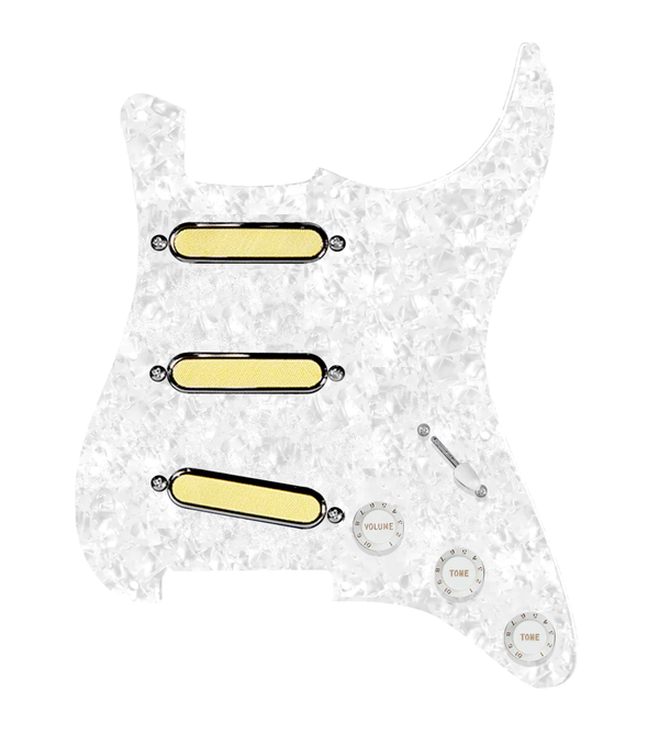 920D Custom Gold Foil Loaded Pickguard For Strat With White Pickups and Knobs, White Pearl Pickguard For Strat, and S5W-BL-V Wiring Harness