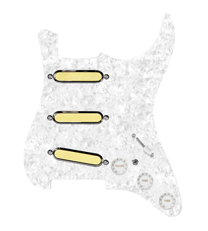 920D Custom Gold Foil Loaded Pickguard For Strat With White Pickups and Knobs, White Pearl Pickguard For Strat, and S7W-MT Wiring Harness