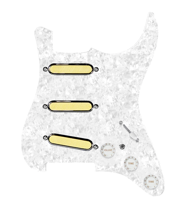920D Custom Gold Foil Loaded Pickguard For Strat With White Pickups and Knobs, White Pearl Pickguard For Strat, and S7W-MT Wiring Harness