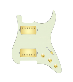 920D Custom Hipster Heaven HH Loaded Pickguard for Strat With Gold Cool Kids Humbuckers, Mint Green Pickguard, and S5W-HH Wiring Harness