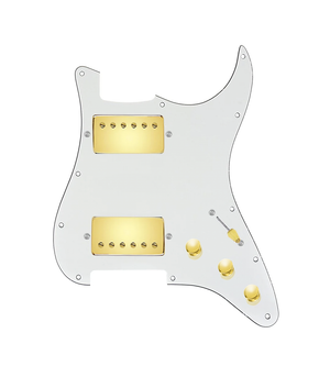 920D Custom Hipster Heaven HH Loaded Pickguard for Strat With Gold Cool Kids Humbuckers, Parchment Pickguard, and S5W-HH Wiring Harness