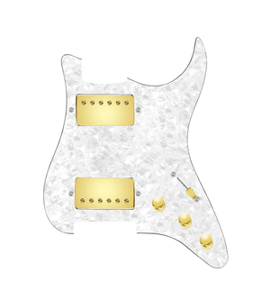 920D Custom Hipster Heaven HH Loaded Pickguard for Strat With Gold Cool Kids Humbuckers, White Pearl Pickguard, and S3W-HH Wiring Harness