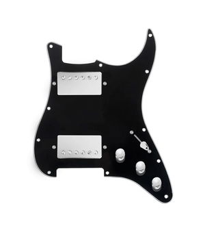 920D Custom Hipster Heaven HH Loaded Pickguard for Strat With Nickel Cool Kids Humbuckers, Black Pickguard, and S3W-HH Wiring Harness