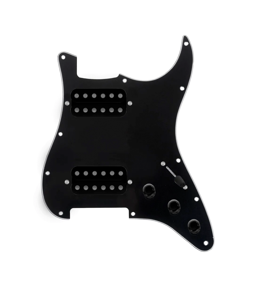 920D Custom Hipster Heaven HH Loaded Pickguard for Strat With Uncovered Cool Kids Humbuckers, Black Pickguard, and S5W-HH Wiring Harness