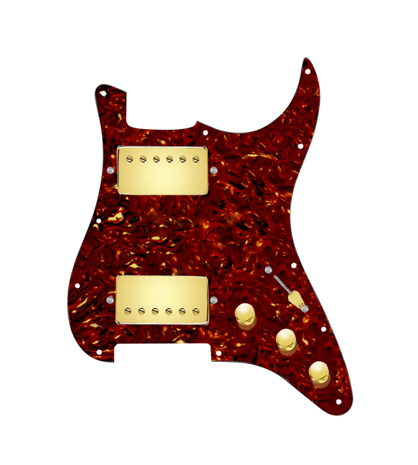 920D Custom Hot And Heavy HH Loaded Pickguard for Strat With Gold Roughneck Humbuckers, Tortoise Pickguard, and S5W-HH Wiring Harness